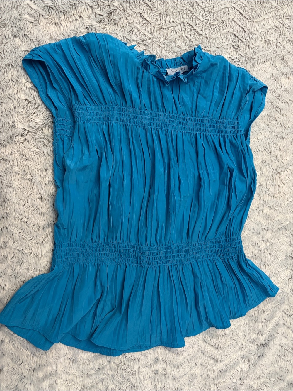 Blue Pleated Smocked Peplum Blouse